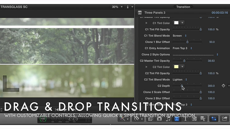 Mac FCPX插件:48组毛玻璃时尚遮罩转场预设 TRANSGLASS
