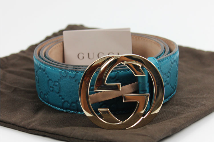 [9.8成新]gucci古驰蓝色牛皮双g压花经典男士腰带100cm