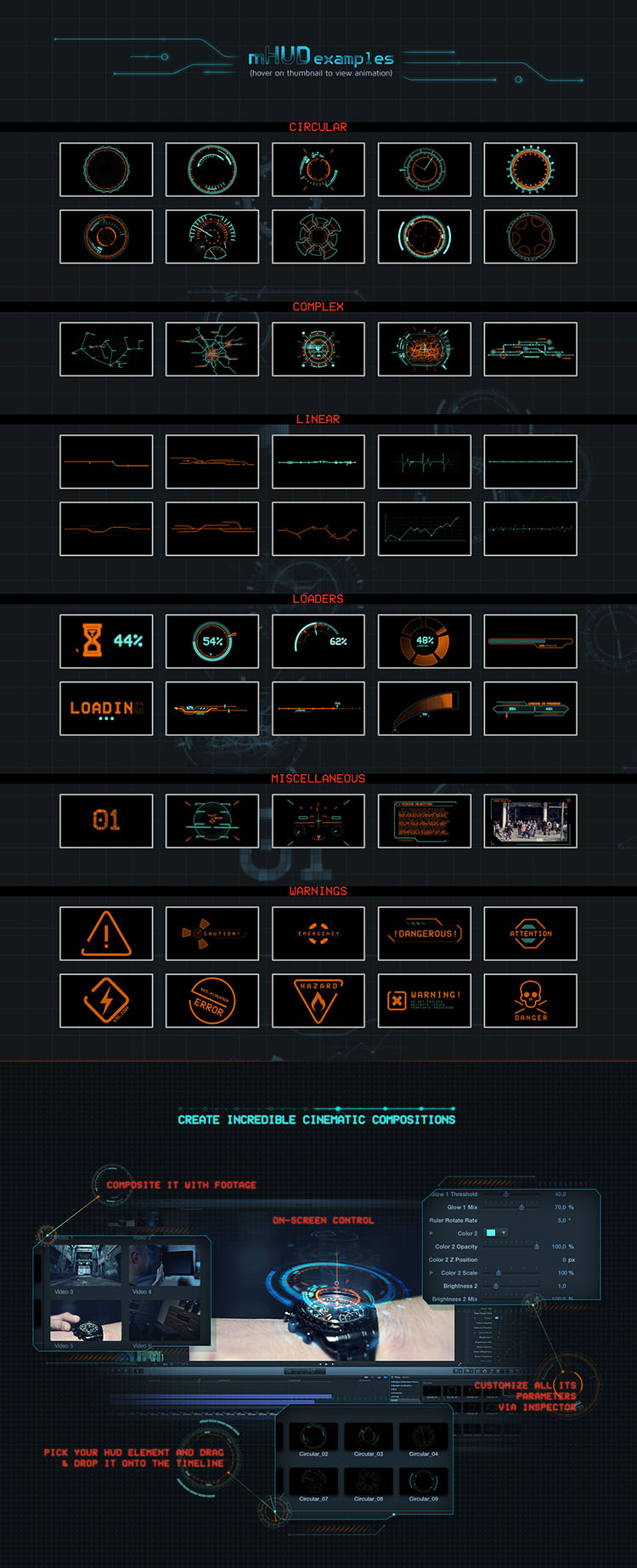 FCPX插件：50种炫酷HUD高科技信息化UI动态元素 mHUD + 视频素材