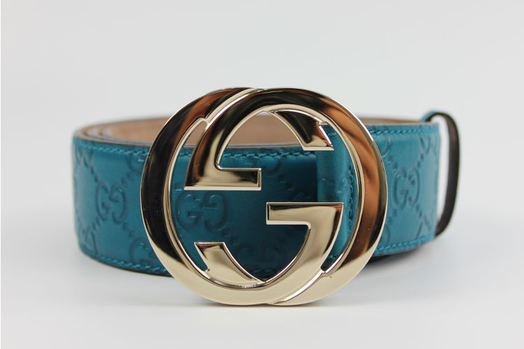 [9.8成新]gucci古驰蓝色牛皮双g压花经典男士腰带100cm