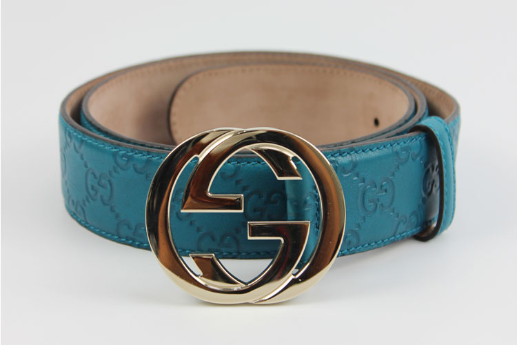 [9.8成新]gucci古驰蓝色牛皮双g压花经典男士腰带100cm