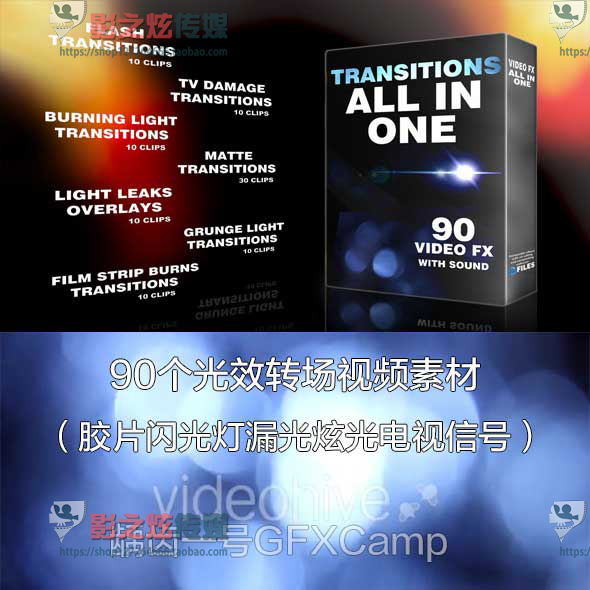 90个高清光效转场视频素材(胶片闪光灯漏光炫光电视信号)